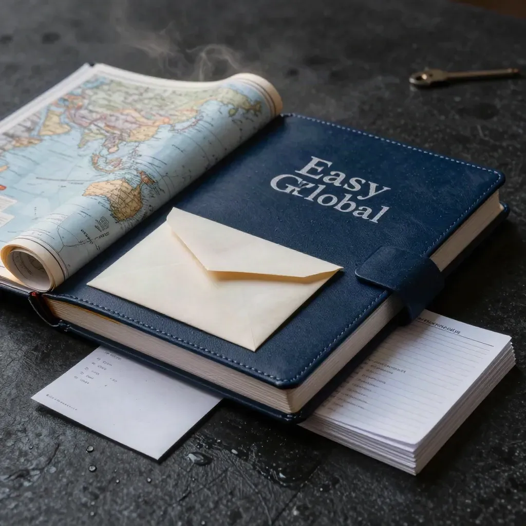 Folio export navy con mappa arrotolata e cartelle logistiche su superficie scura, luce drammatica.