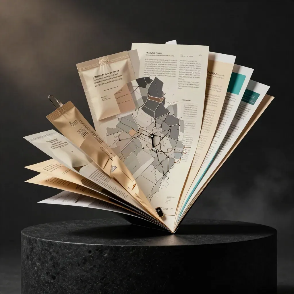 Kit vendite estere aperto su basalto nero, con mappe, campioni e luce drammatica.