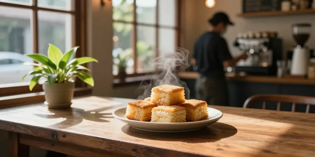 rokok88 login experience showcased with a delicious bolu bakar in a cozy café setting
